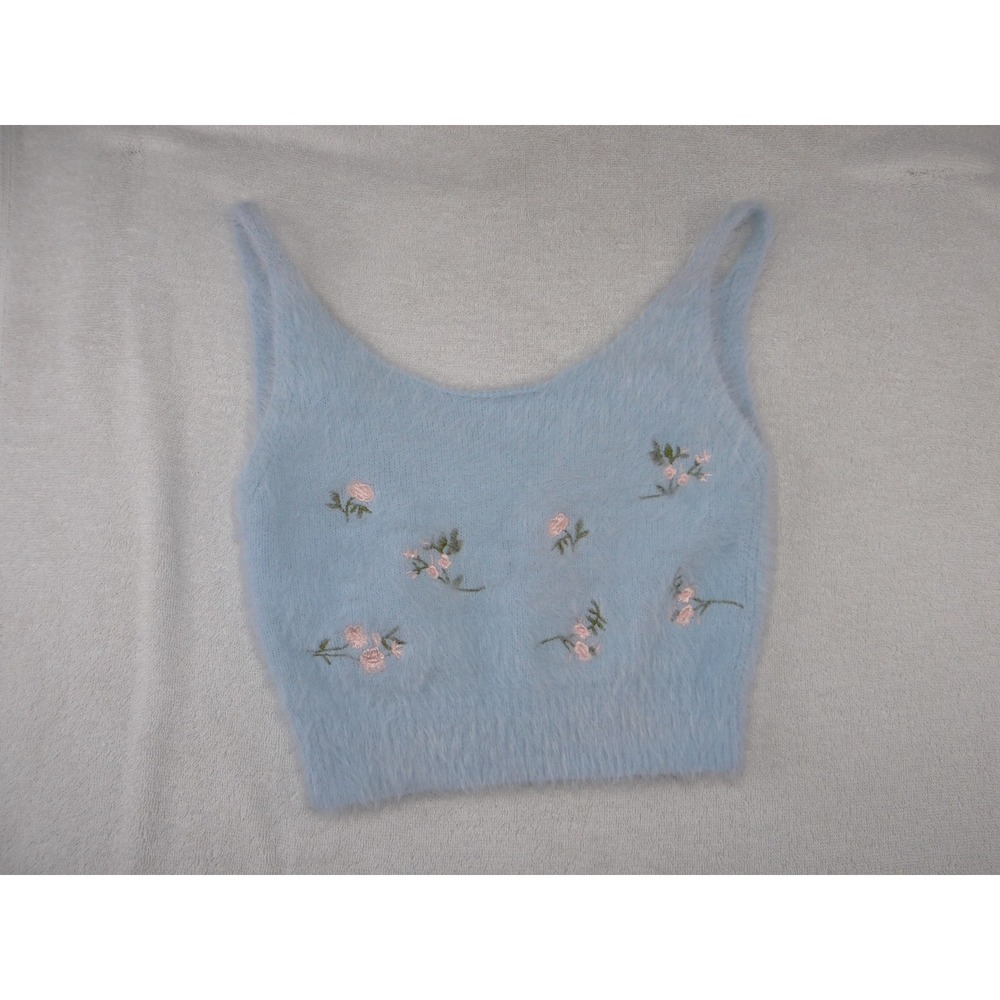 Fuzzy Blue Floral Embroidered Cropped Camisole Tank Top Scoop Neck 2813 - Picture 2 of 4